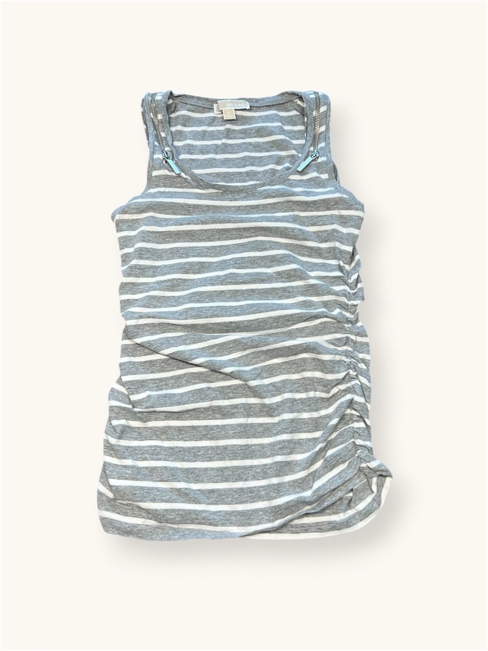 Michael Kors | Striped Ruched Side Zip Shoulder Tank Top | Gray White